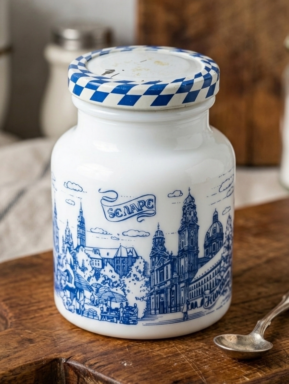 Vintage Munich Germany Milk Glass Jar Blue White Transferware Bavarian Cottage